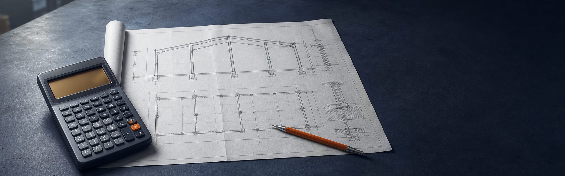 An engineering calculator and an unfolded portal frame drawing side by side on a dark workbench